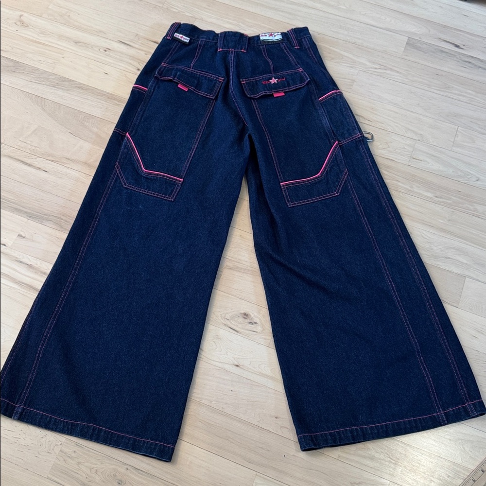 Women’s kik girl-kikwear Wide Leg Rave Jeans-Skater-Bright Pink Detail-90s-9 - Picture 7 of 10